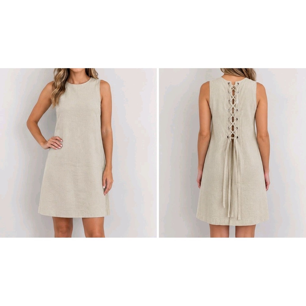 Theory Beige Linen Blend Shift Dress Women's Size 6 Sleeveless Lace-Up Back Mini